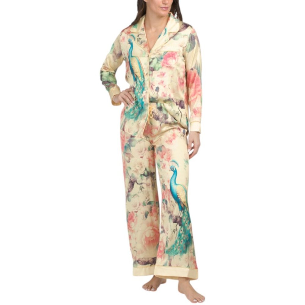 DALIA MACPHEE 2pc Satin Peacock Top And Pants Pajama Set